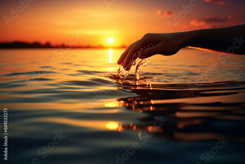 Fotografija hand reaching out to river water at sunset