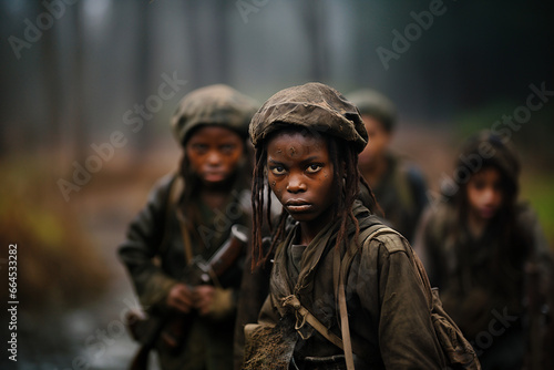 Child soldier, black african boy with dreadlocks in a group with other children, military army clothes and guns