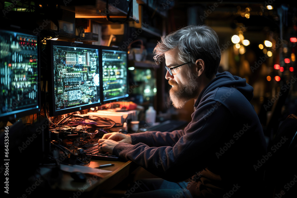 Focused software developer deeply immersed in coding, surrounded by neon-lit computer screens showcasing circuit designs. Focused software developer deeply immersed in coding, surrounded by neon-lit computer screens showcasing circuit designs.