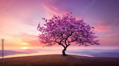  a tree with purple flowers in the middle of a field. generative ai