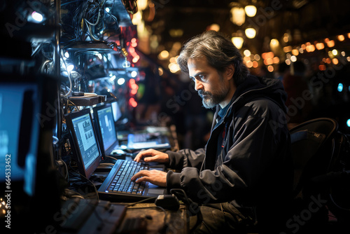 Intensely focused technician working amidst a sea of tangled wires and glowing computer screens in an urban setting.