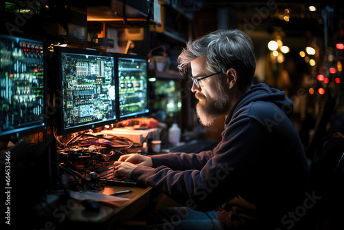 Focused software developer deeply immersed in coding, surrounded by neon-lit computer screens showcasing circuit designs.