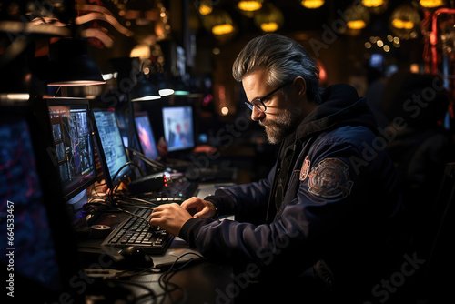 Mature tech expert deeply engaged in coding at a neon-lit urban digital workspace, wearing an embroidered jacket.