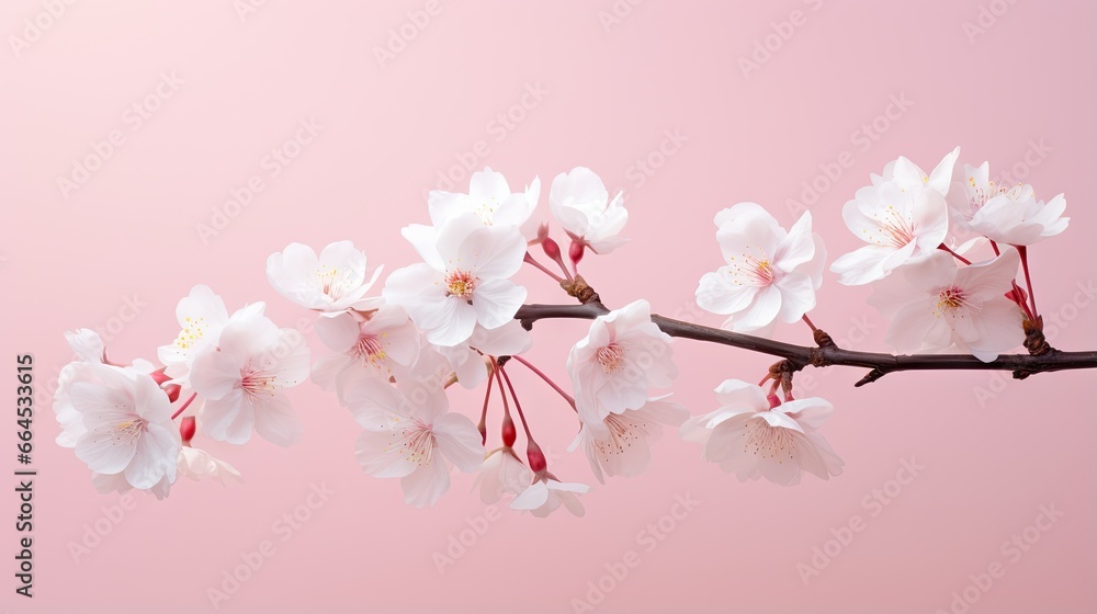 Obraz premium a branch with white flowers on it against a pink background. generative ai