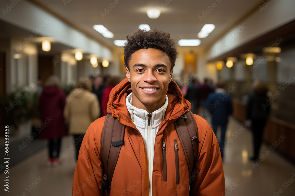Smiling university student in an orange jacket, standing in a bustling hallway with blurred background of peers. Smiling university student in an orange jacket, standing in a bustling hallway with blurred background of peers.