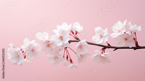  a branch with white flowers on it against a pink background. generative ai