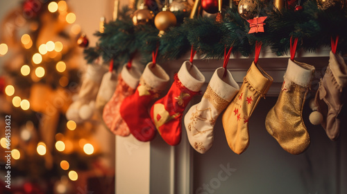 Children Hanging Stockings for Saint Nicholas' Gifts, the Three Kings’ Day, Saint Nicholas Day, with copy space, blurred background