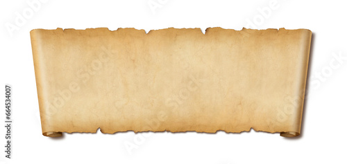 Old paper horizontal banner. Parchment scroll isolated on white with shadow