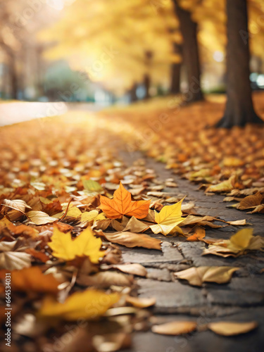 Lot of dry autumn maple leaves fallen on the ground surrounded by tall trees on a blurred background