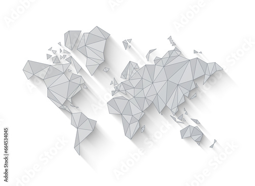 White world map shape made of polygons. 3D illustration on a transparent background