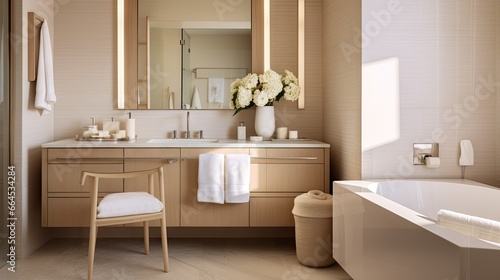  a bathroom with a tub, sink, mirror and a chair.  generative ai © Anna