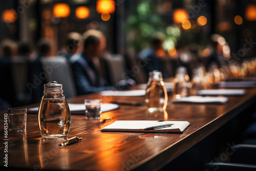 Focused shot of meeting table setup with water bottle, notepad, and warm ambient lighting, with blurred professionals in the background.