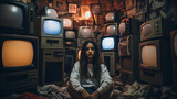 girl old fashioned tv set, y2k nostalgic photography, 80s fashion and technology