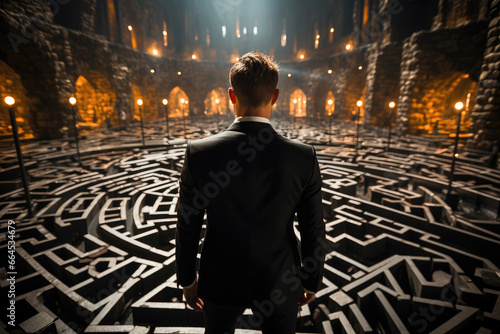 A man in a suit contemplates a vast stone maze illuminated by glowing torches, symbolizing challenges and decisions.