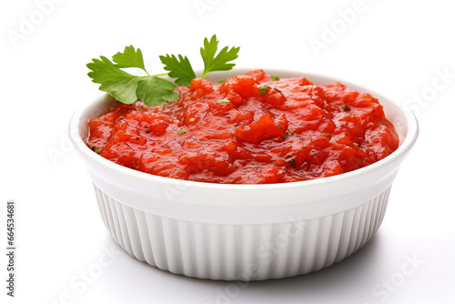 Sauce salsa in bowl on white background, side view