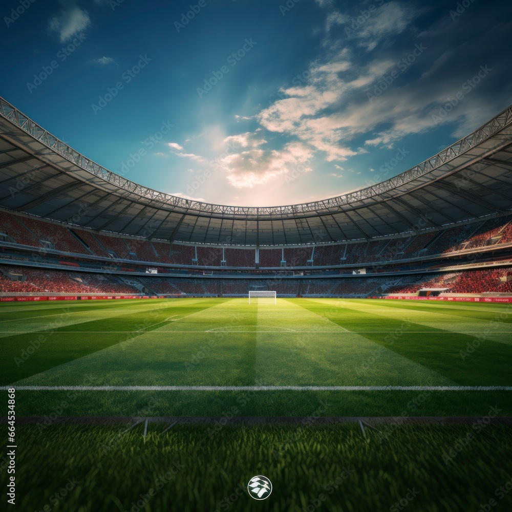 Obraz premium empty football stadium with trimmed green grass, with blue sky full of clouds