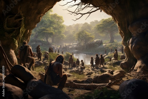 Foto An artistic representation of early human life, with hominids hunting and gather