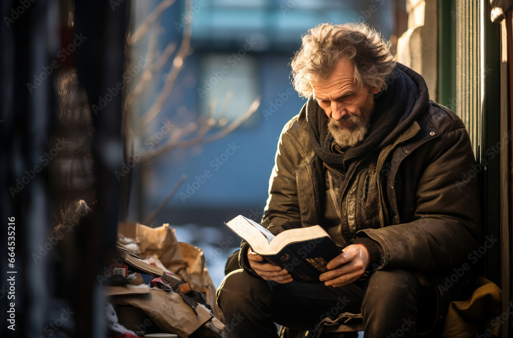 Homeless man reading book in box on street. Shabby clothes, unshaven face.