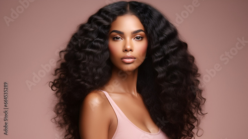 beautiful black african american model with curly long hair with clean healthy skin on pink background with copy space