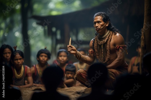 anthropologist giving a lecture on the customs and traditions of a remote Amazonian tribe, underlining the importance of sharing insights and preserving cultural knowledge