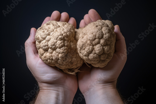 Hands holding a white truffle close up