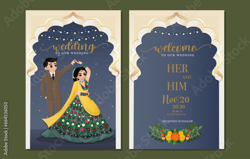  Wedding invitation card the bride and groom cute couple in traditional indian dress cartoon character