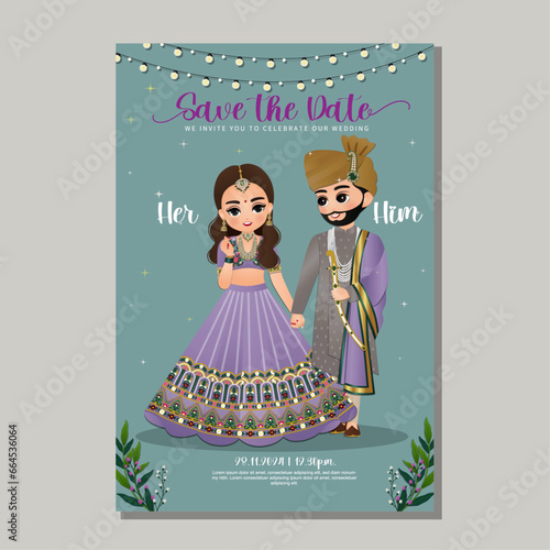  Wedding invitation card the bride and groom cute couple in traditional indian dress cartoon character