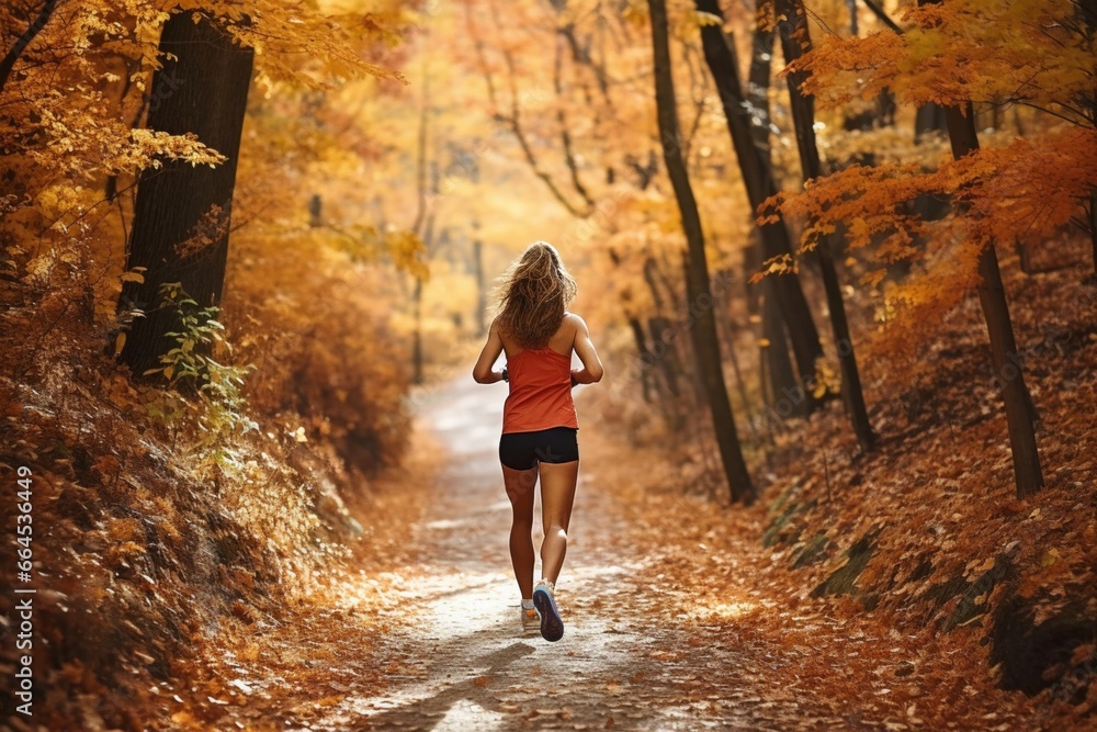 Runner woman on a beautiful fall trail, back view. AI generated Runner woman on a beautiful fall trail, back view. AI generated