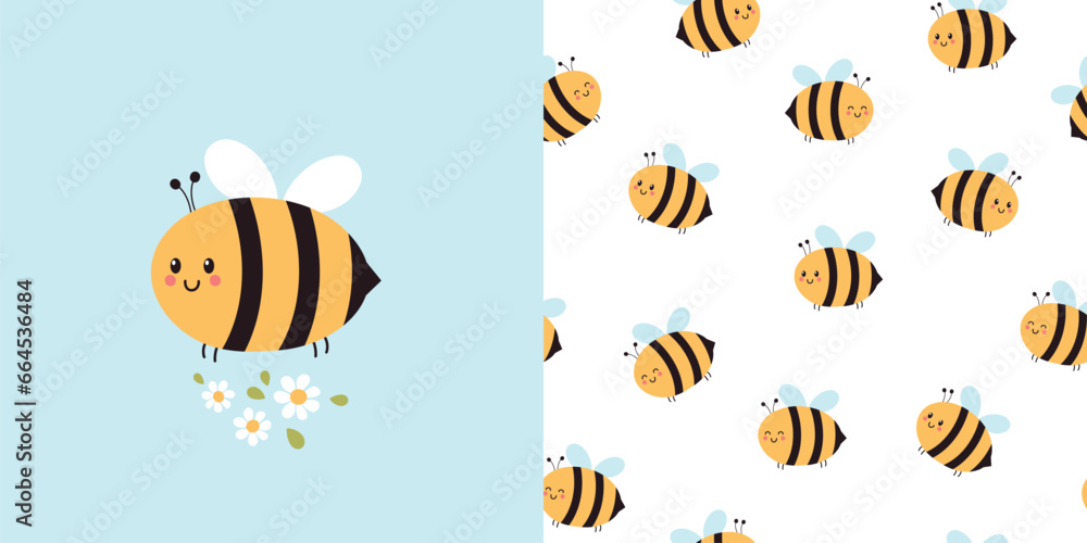 Фотография Cute bee card and seamless pattern