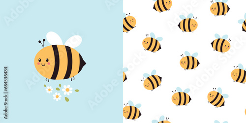 Cute bee card and seamless pattern. Background for kids with bees and daisies. Vector illustration. It can be used for wallpapers, wrapping, cards, patterns for clothes and other. © Evalinda