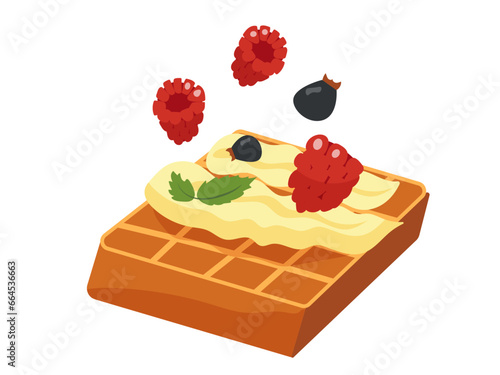 Belgian waffles with cream and fruit fillings. Breakfast menu of sweets. Vector illustration.