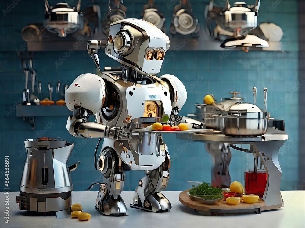 Robot chef in the kitchen cooking Robot chef in the kitchen cooking