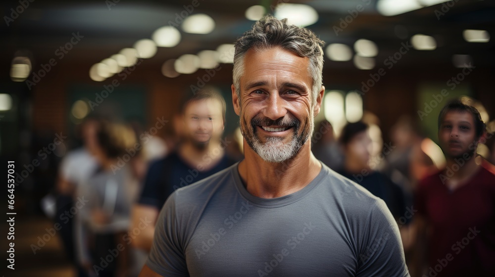 Confident man stands out in busy crowd, radiating charisma. Confident man stands out in busy crowd, radiating charisma.