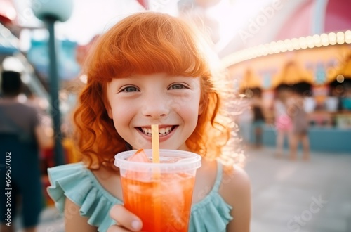 Fototapeta Naklejka Na Ścianę i Meble -  7-year-old red-haired girl at amusement park drinking orange drink with ice