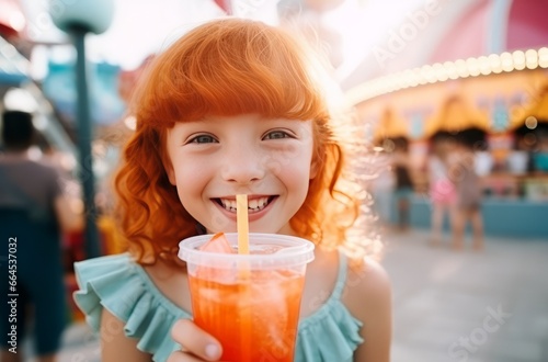 7-year-old red-haired girl at amusement park drinking orange drink with ice
