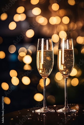 two glasses of champagne with elegant out of focus bokeh in the background
