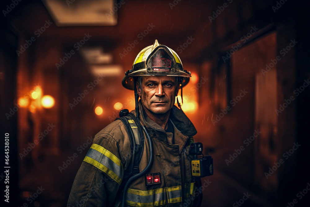 Portrait of firefighter on background of fire Portrait of firefighter on background of fire