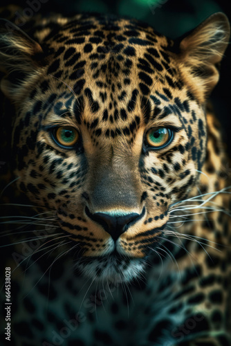 A stunning close-up of a leopard's face with piercing blue eyes, highlighting the intricate details of its unique spots and fur. AI Generative © sorapop