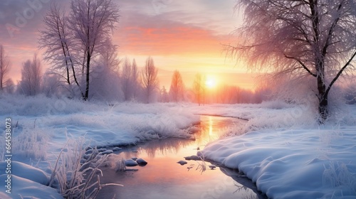 Beautiful snowy sunset in winter landscape, in the style of romantic riverscapes