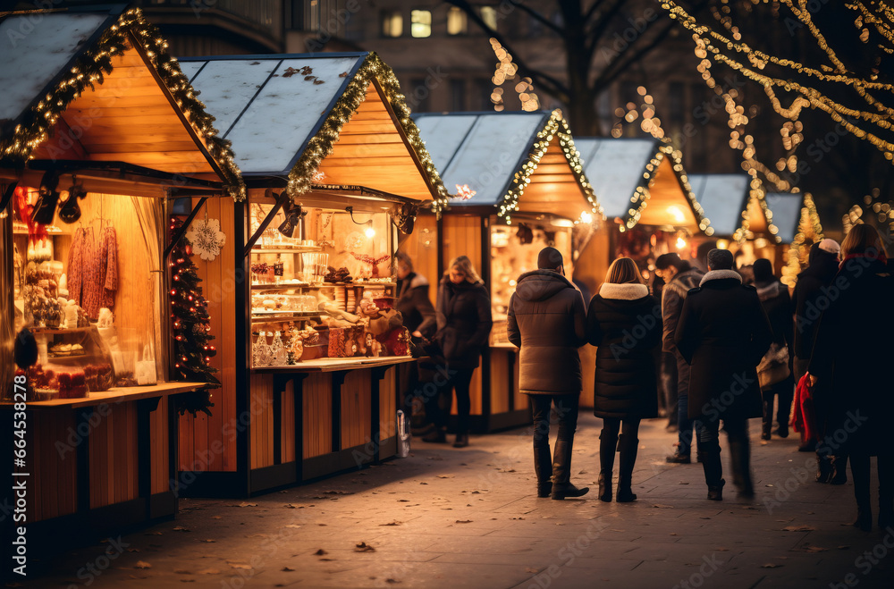 Christmas market with small tents, festive lights, and people enjoying the Christmas mood. Sip on mulled wine and soak in the evening ambiance.