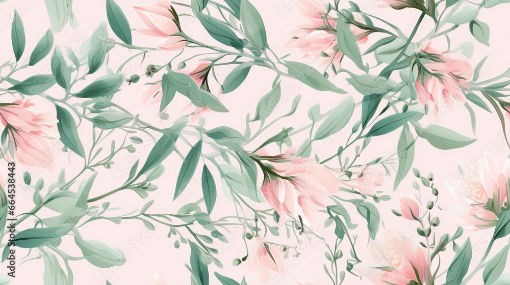  a pink and green floral wallpaper with leaves and flowers.  generative ai