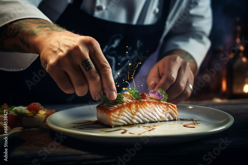 Closeup of a chef's hand making dishes in plate