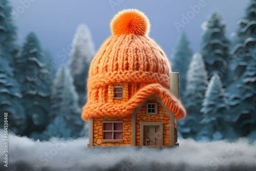 A toy house in the snow in winter is covered with a hat. The concept of keeping warm
