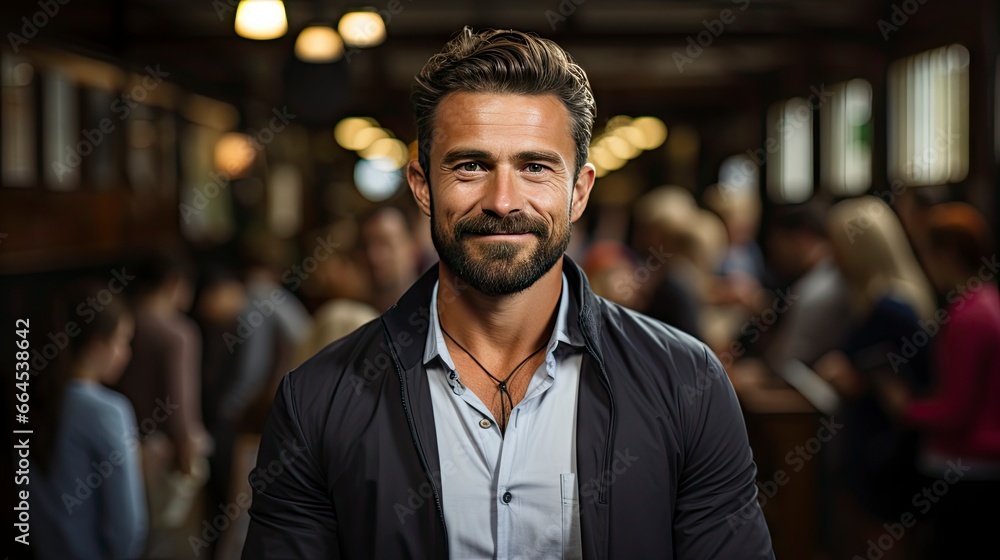 Confident man stands out in busy crowd, radiating charisma. Confident man stands out in busy crowd, radiating charisma.