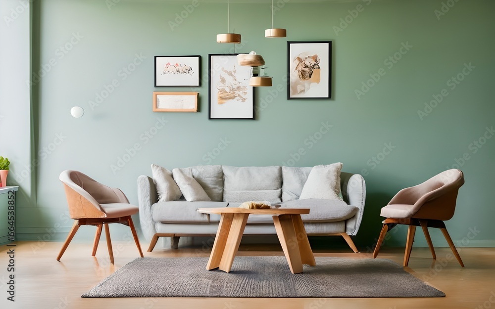 Fototapeta premium White sofa and potted houseplant against concrete wall. Minimalist home interior design of modern living room, panorama