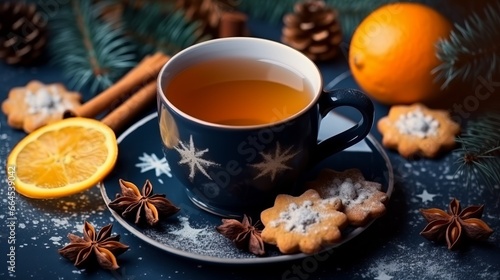 A cup of tea with aroma spices, orange and gingerbread cookies in the shape of snowflakes on wooden table. Christmas concept. 