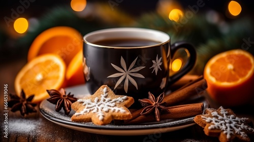 A cup of tea with aroma spices, orange and gingerbread cookies in the shape of snowflakes on wooden table. Christmas concept. 
