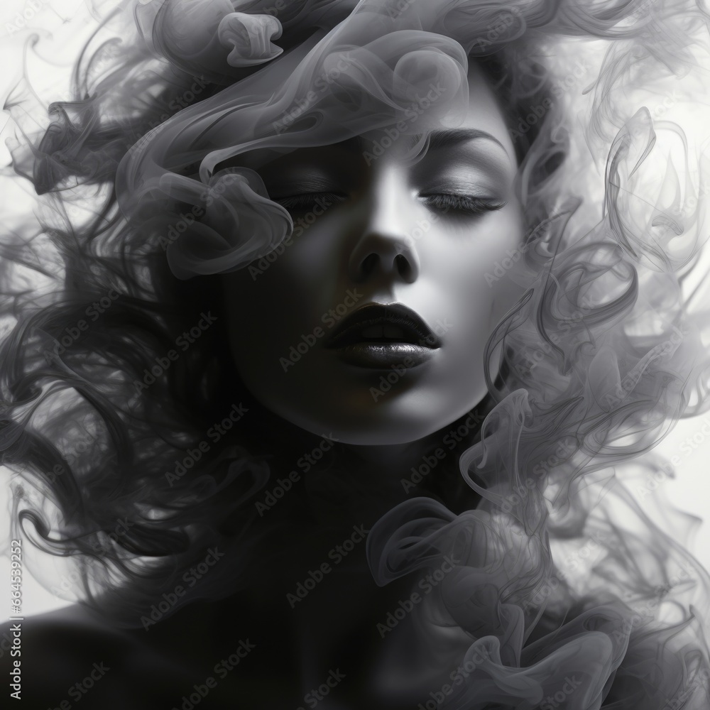 A beautiful woman's face shrouded in smoke. Abstract image of dreams, memories, feminine beauty.