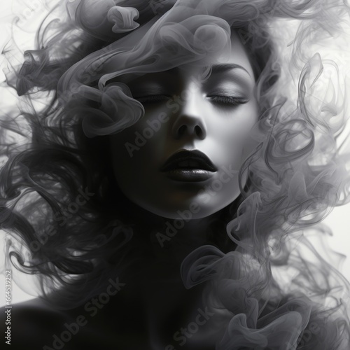 A beautiful woman s face shrouded in smoke. Abstract image of dreams  memories  feminine beauty.
