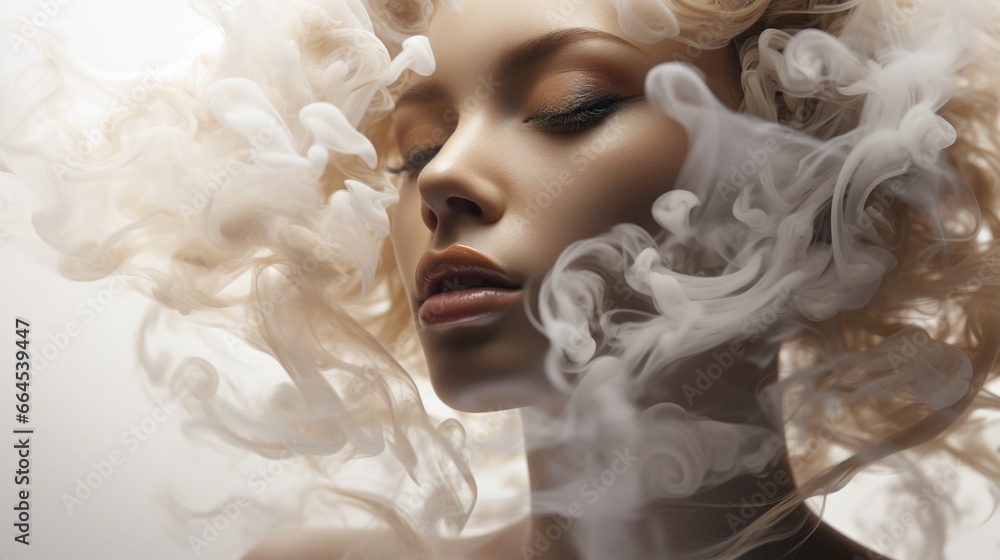 Fototapeta premium A beautiful woman's face shrouded in smoke. Abstract image of dreams, memories, feminine beauty.